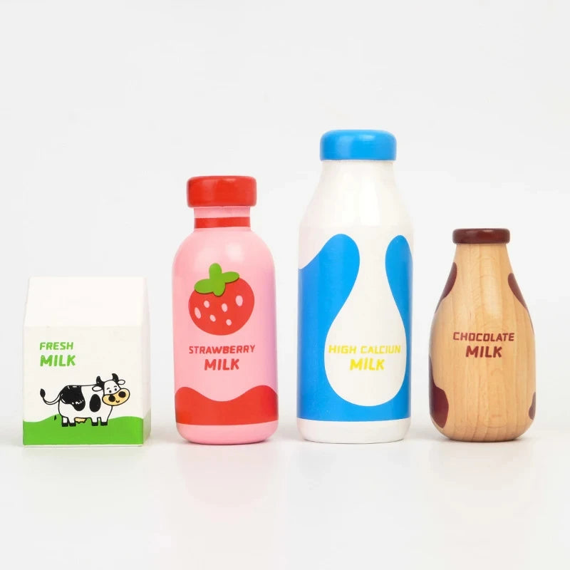 Wooden Pretend Play Milk Bottle Kitchen Toys Role Play Set for