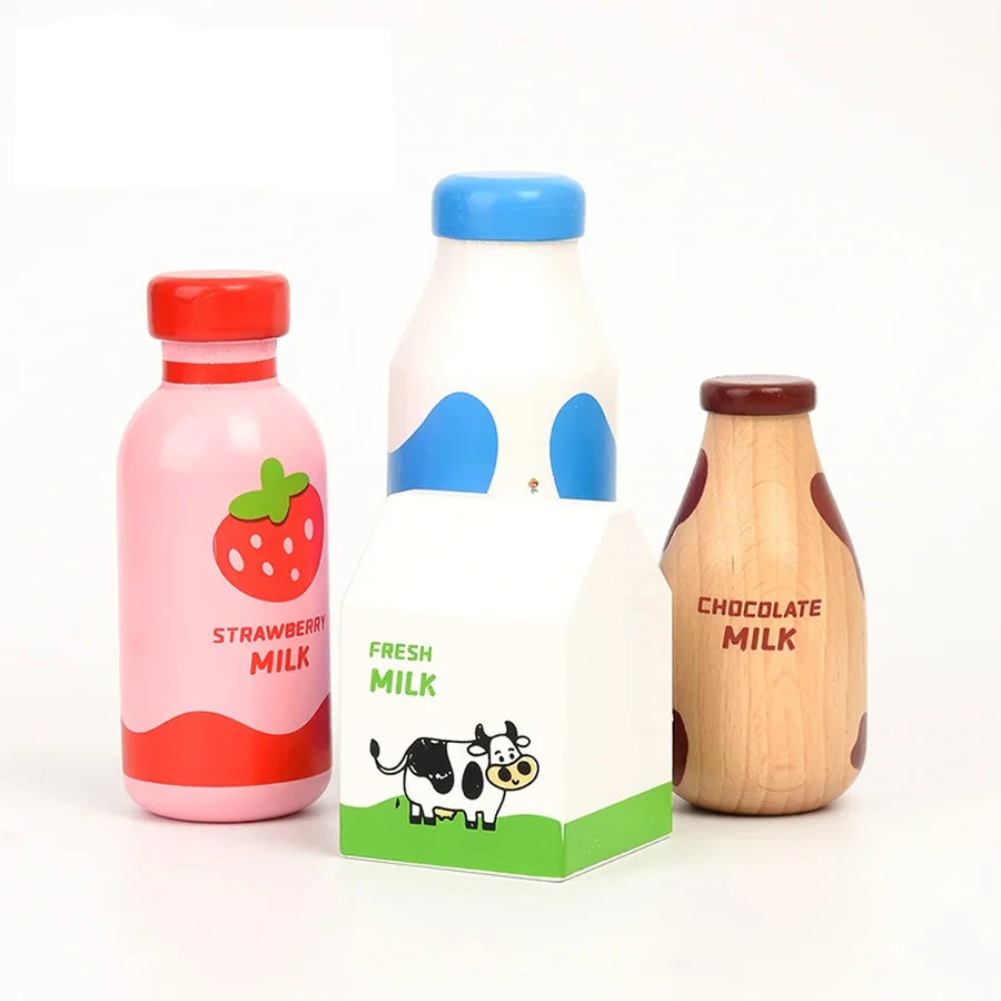 Wooden Pretend Play Milk Bottle Kitchen Toys Role Play Set for